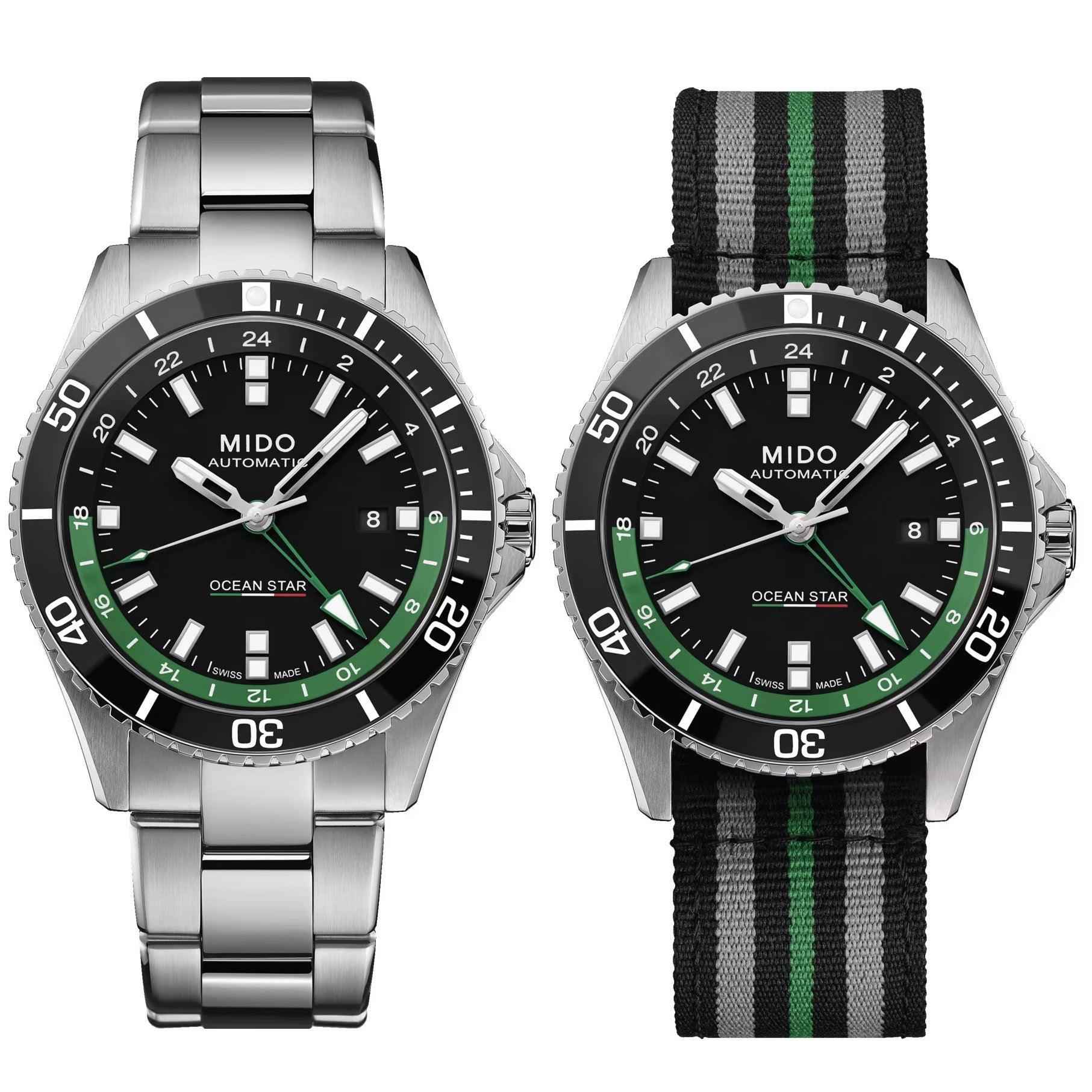Orologio Mido Ocean Star GMT 44mm: viste con bracciale d’acciaio e cinturino tessuto