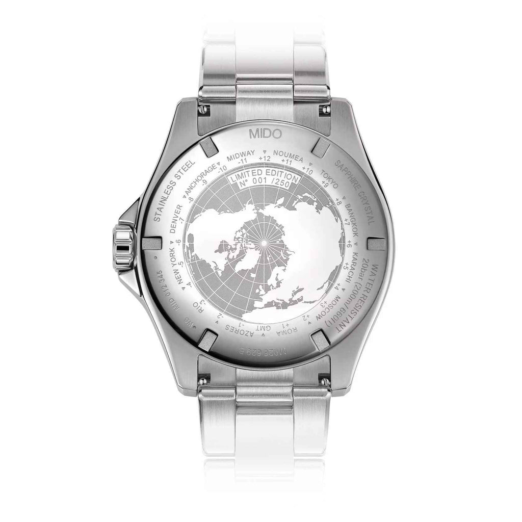 Orologio Mido Ocean Star GMT 44mm, fondello con mappa del mondo e finitura acciaio