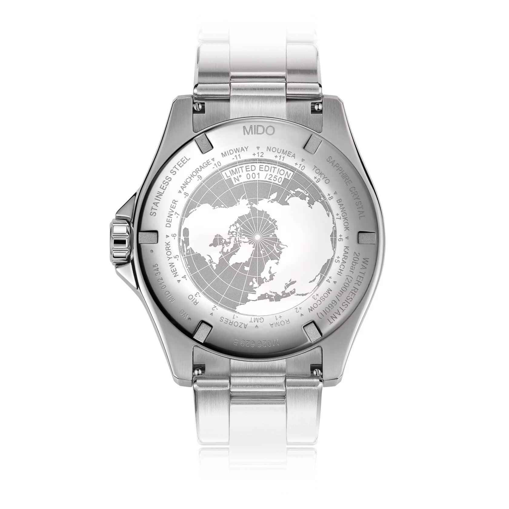 Orologio Mido Ocean Star GMT 44mm, fondello con mappa del mondo e finitura acciaio