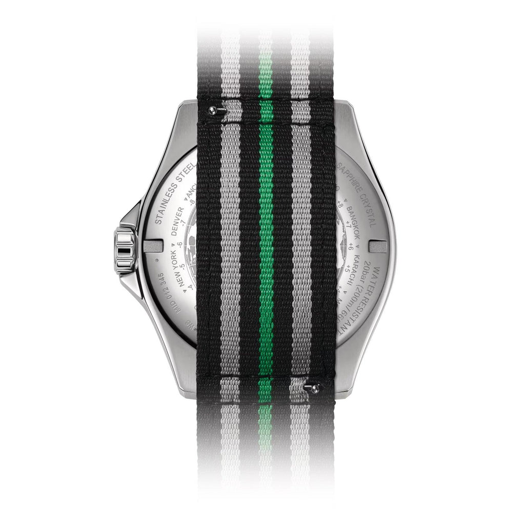 Orologio automatico Mido con quadrante nero e cinturino NATO a righe verdi e grigie