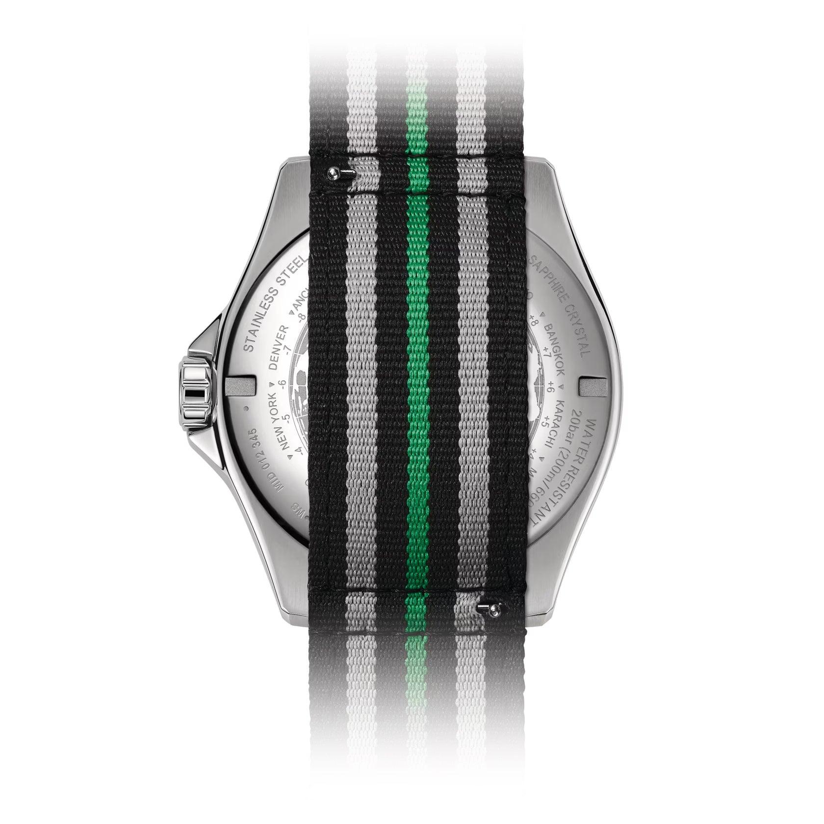 Orologio automatico Mido con quadrante nero e cinturino NATO a righe verdi e grigie