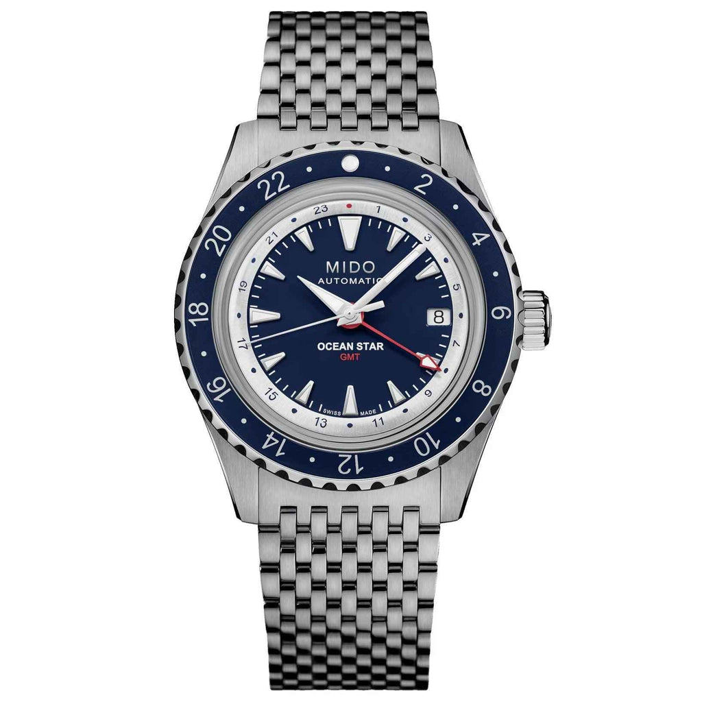 Orologio automatico con quadrante blu e cinturino in acciaio a maglie metalliche