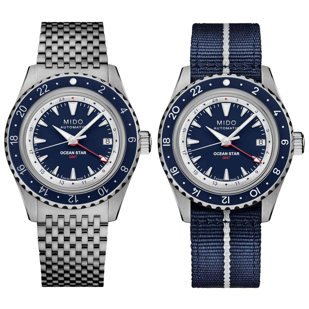 Orologio con quadrante blu GMT: cinturino in acciaio a sinistra e tessile blu a destra