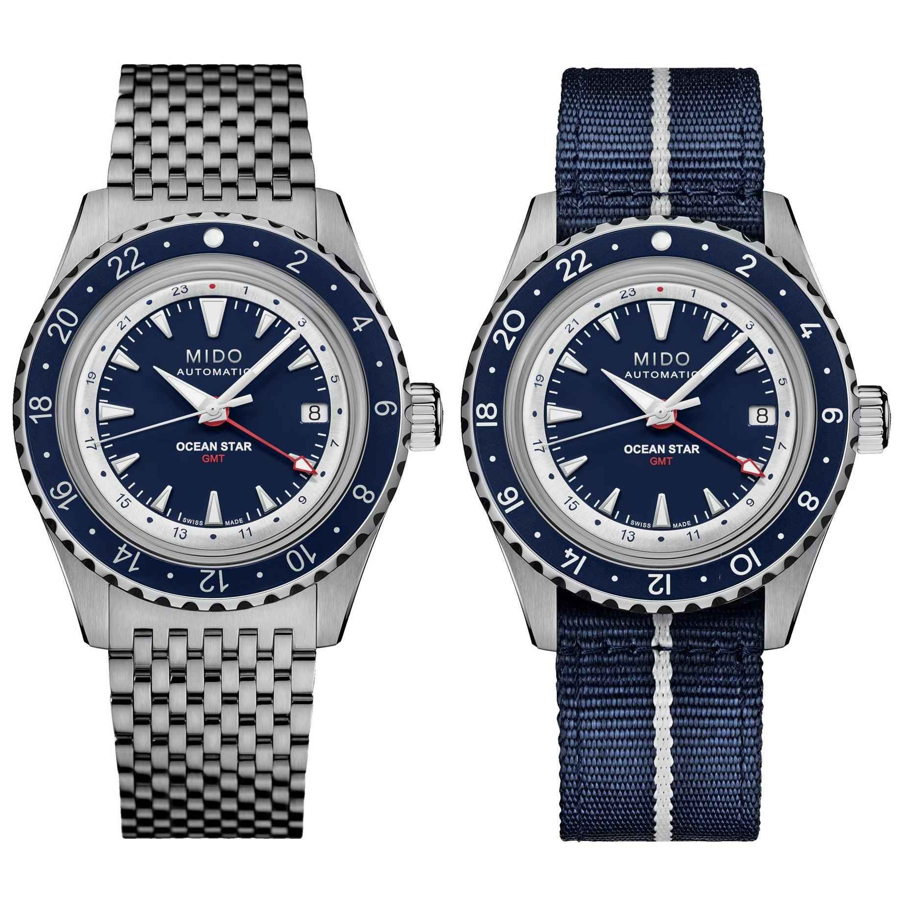 Orologio con quadrante blu GMT: cinturino in acciaio a sinistra e tessile blu a destra