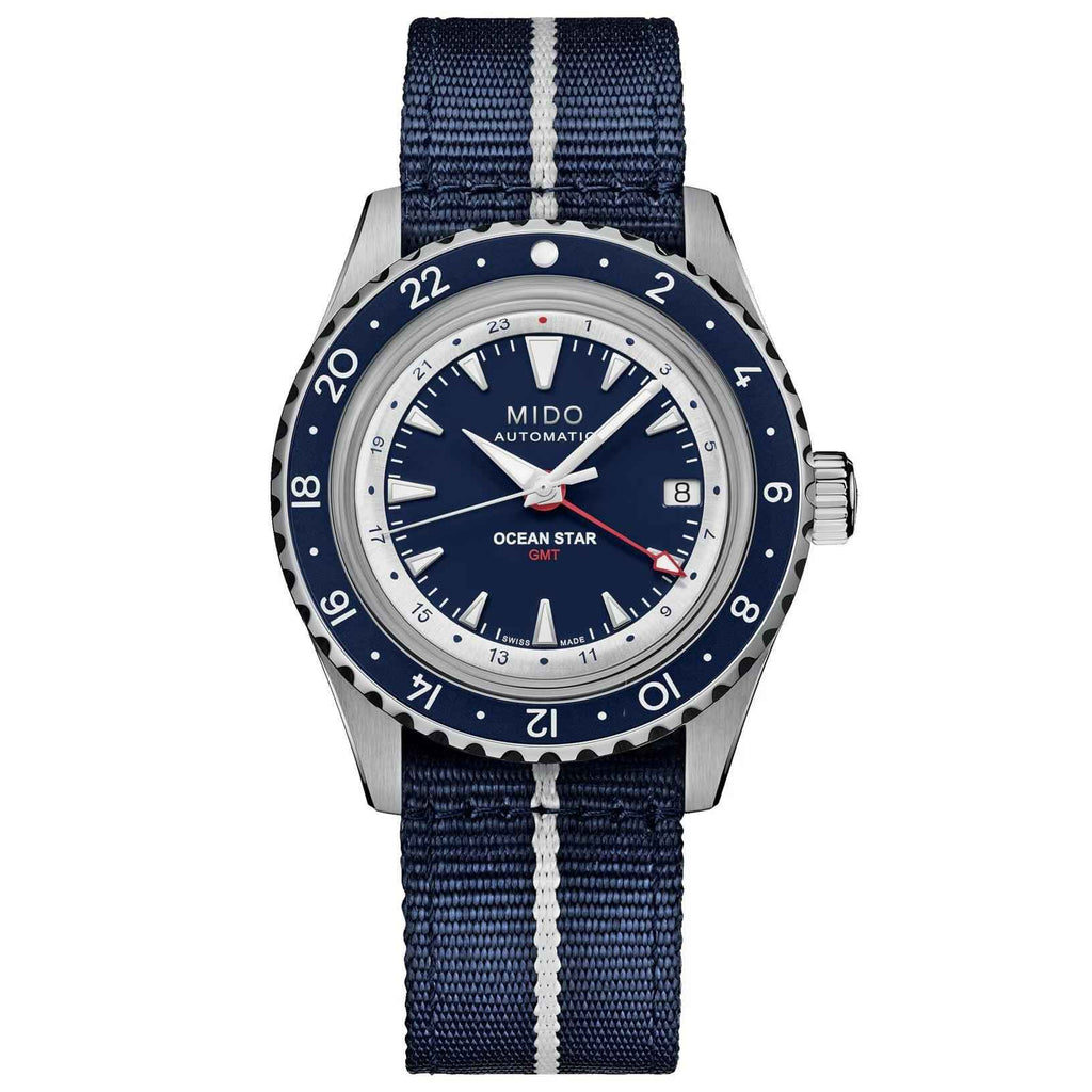 Orologio automatico con quadrante blu GMT e cinturino in tessuto blu con righe bianche