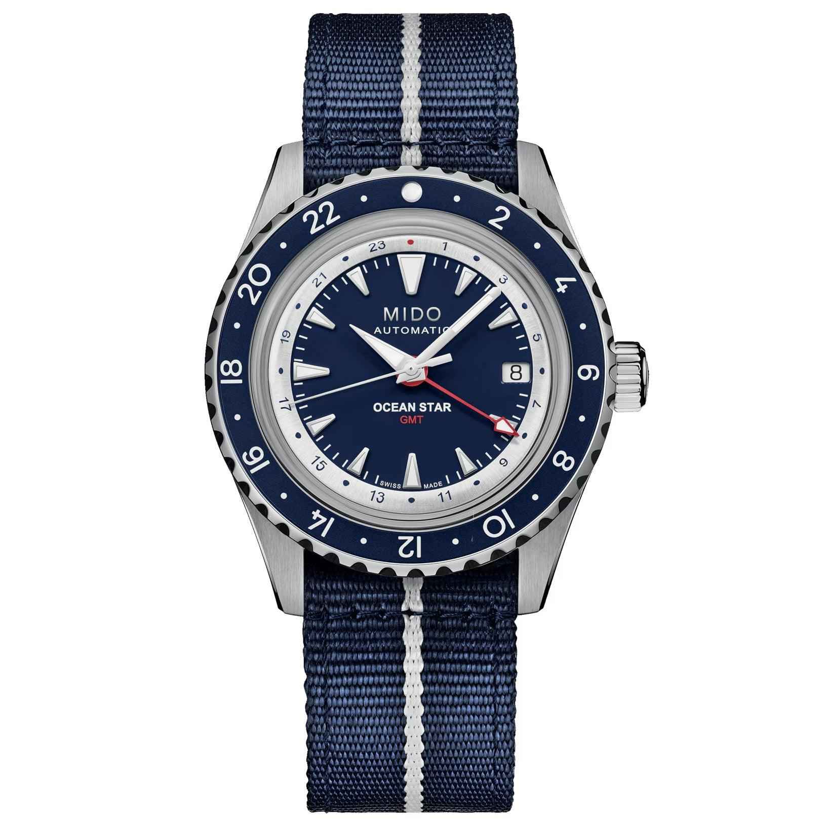 Orologio automatico con quadrante blu GMT e cinturino in tessuto blu con righe bianche