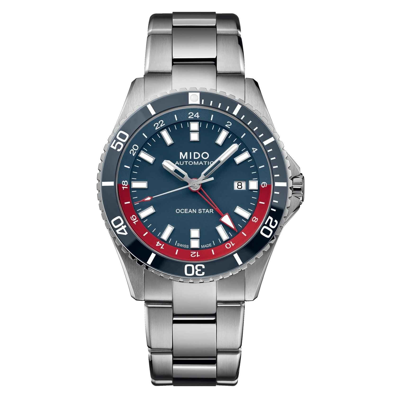 Orologio automatico Mido Ocean Star GMT con cinturino in acciaio e quadrante blu