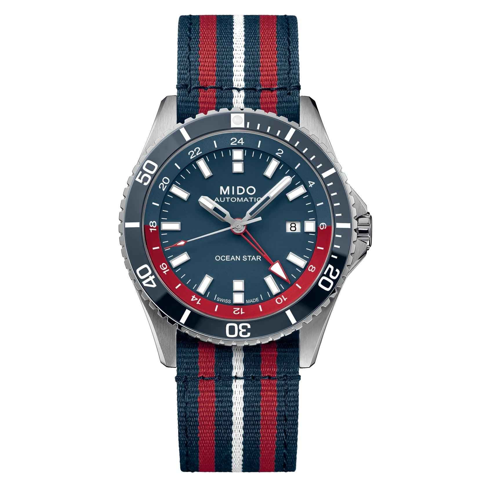Orologio automatico Mido Ocean Star GMT con cinturino in tessuto blu/rosso e quadrante blu