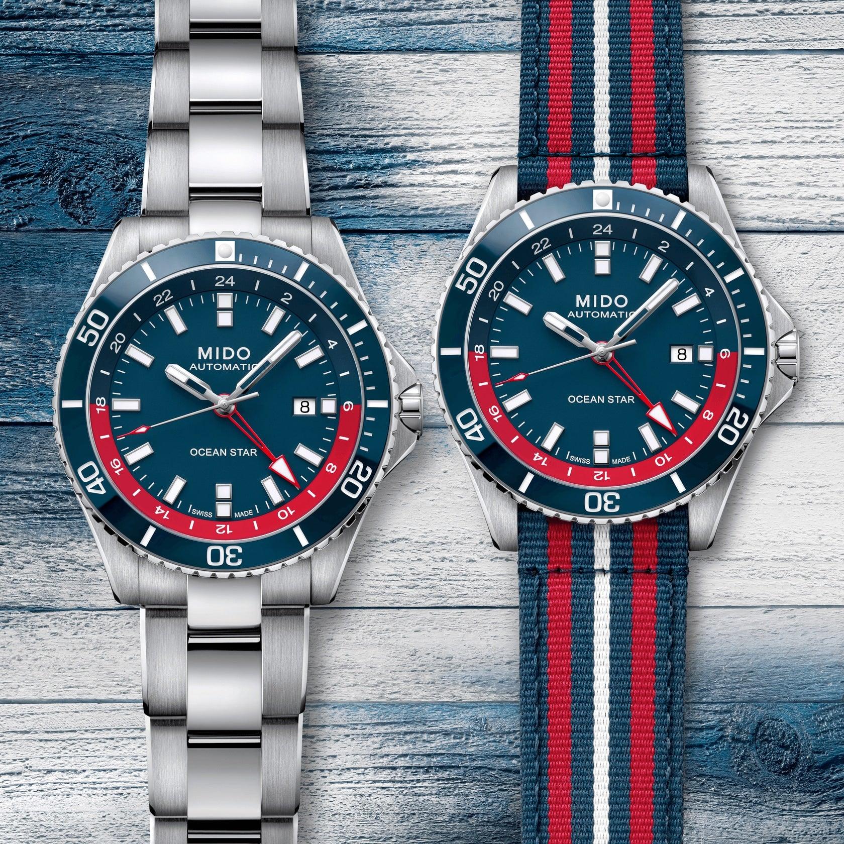 Coppia di orologi MIDO Ocean Star GMT, quadrante blu, bracciale in acciaio