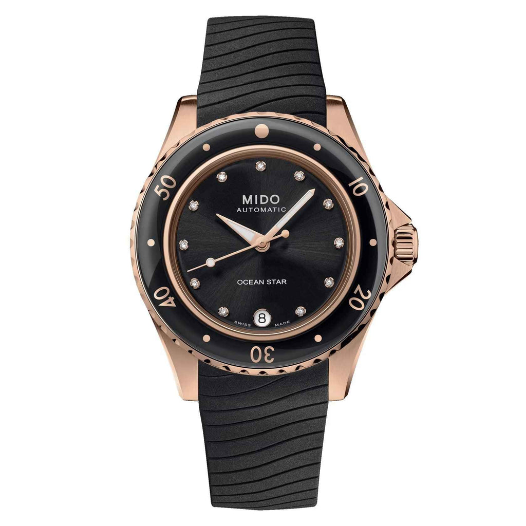 Orologio automatico donna con cinturino nero e quadrante nero con indici e diamanti