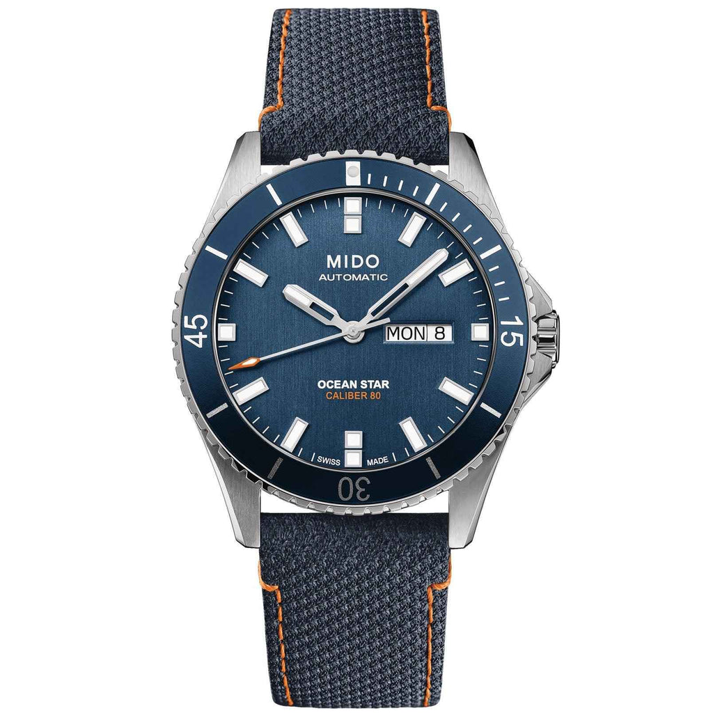 Orologio MIDO Ocean Star con quadrante blu, cinturino blu in tessuto e cuciture arancioni