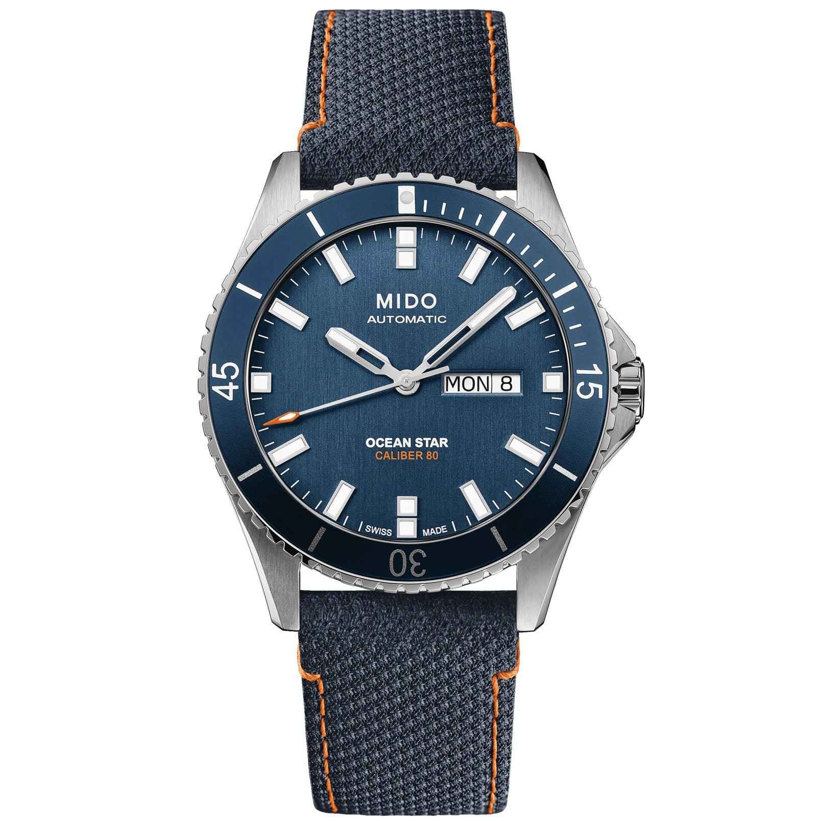 Orologio MIDO Ocean Star con quadrante blu, cinturino blu in tessuto e cuciture arancioni