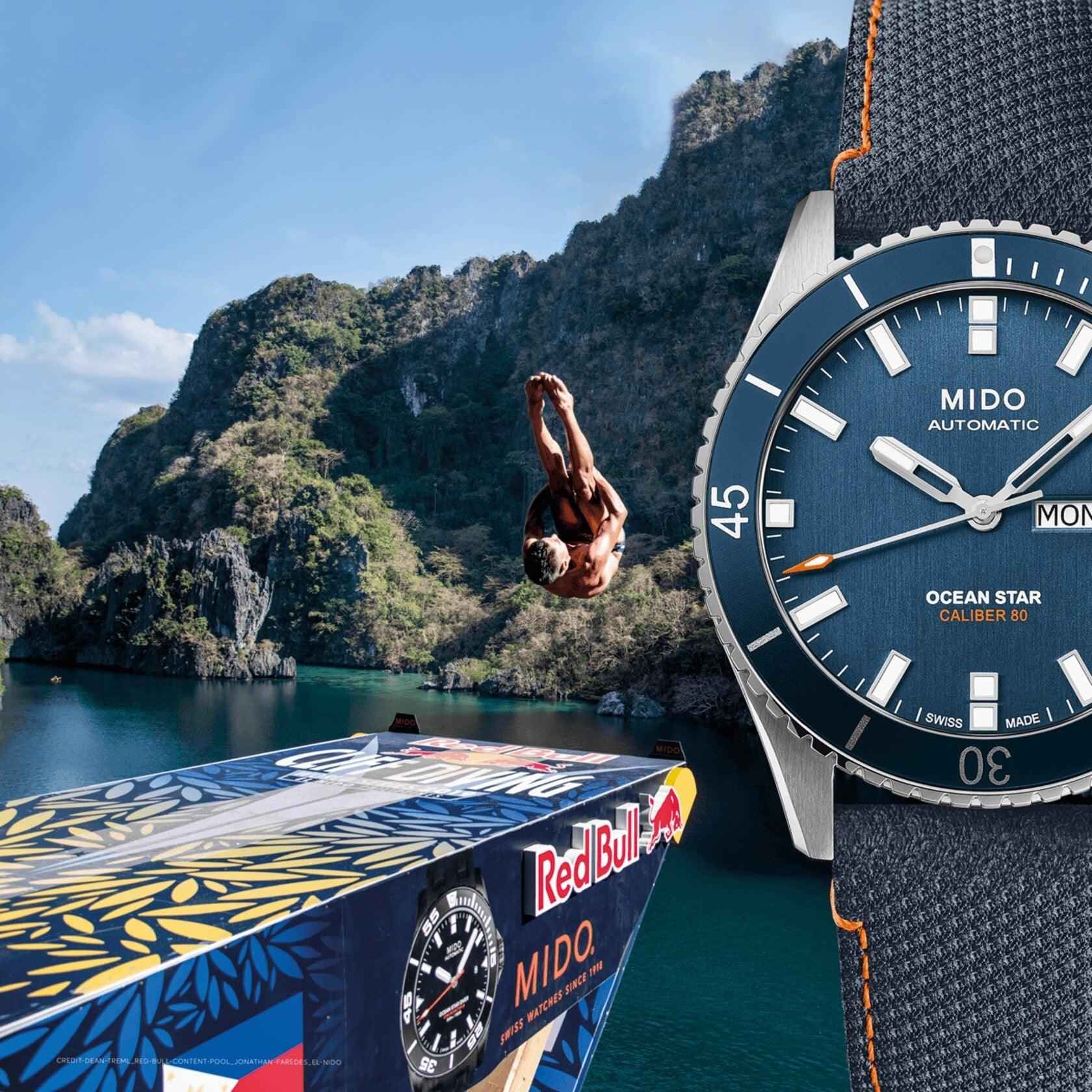 Orologio MIDO Ocean Star con quadrante blu, lunetta acciaio e cinturino blu con cuciture arancioni