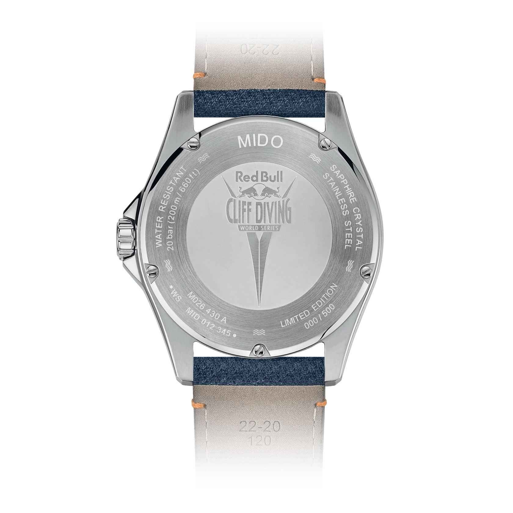 Orologio MIDO con fondello inciso Red Bull Cliff Diving Limited Edition, 500 pezzi, acciaio