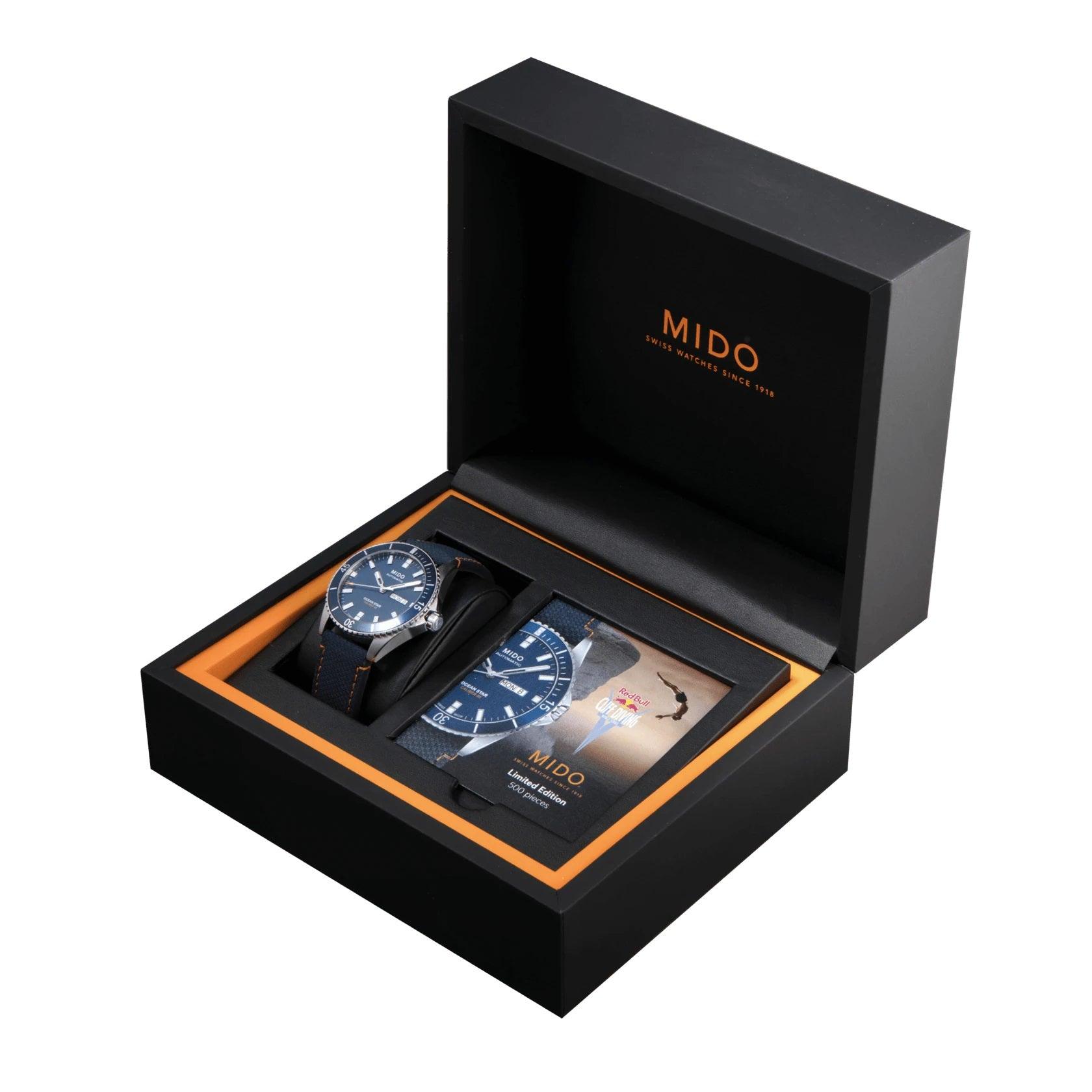 Scatola accessori Mido con orologio e cinturino aggiuntivo, nero e arancio