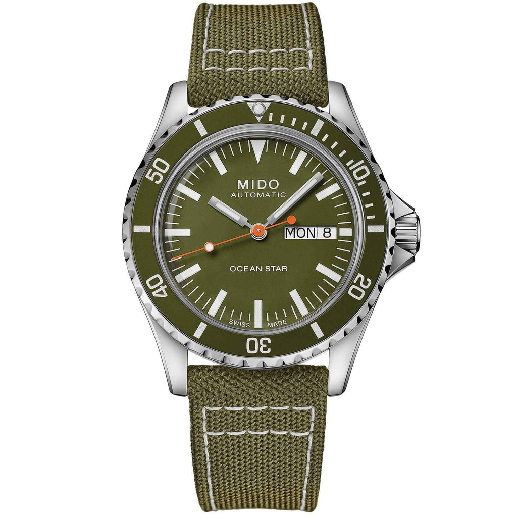 Orologio automatico Mido con quadrante verde e cinturino in tessuto verde oliva