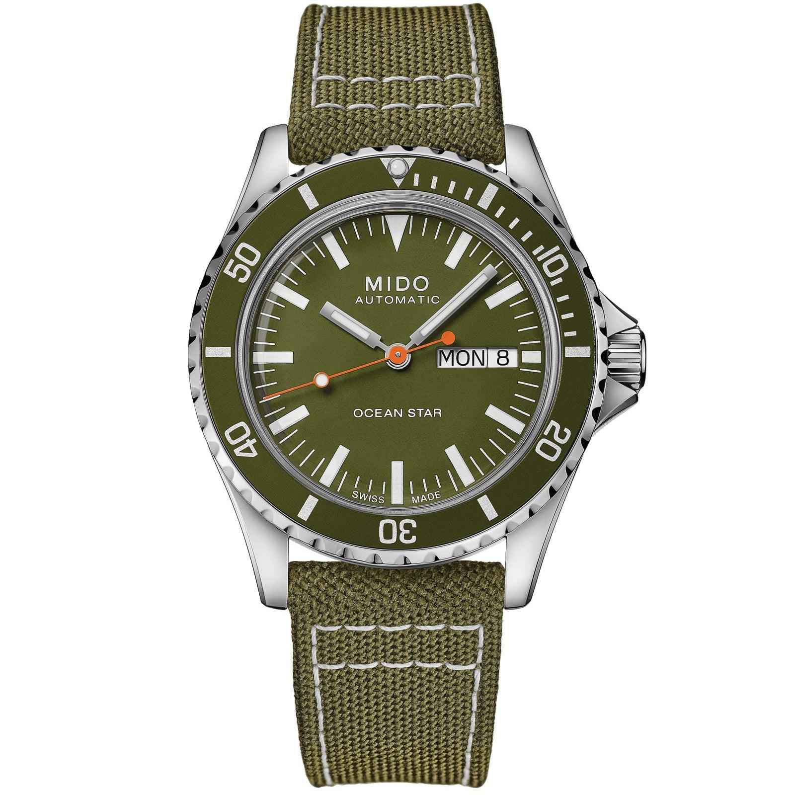 Orologio automatico Mido con quadrante verde e cinturino in tessuto verde oliva