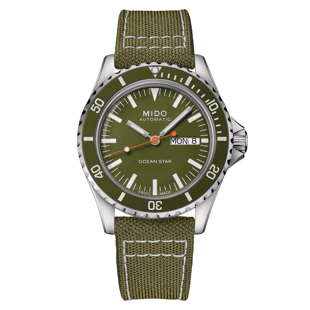 Orologio automatico con quadrante verde e cinturino tessuto verde, cassa acciaio