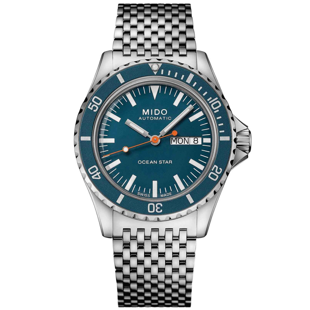 Orologio subacqueo con quadrante blu e bracciale in acciaio, lunetta nera, MON 8