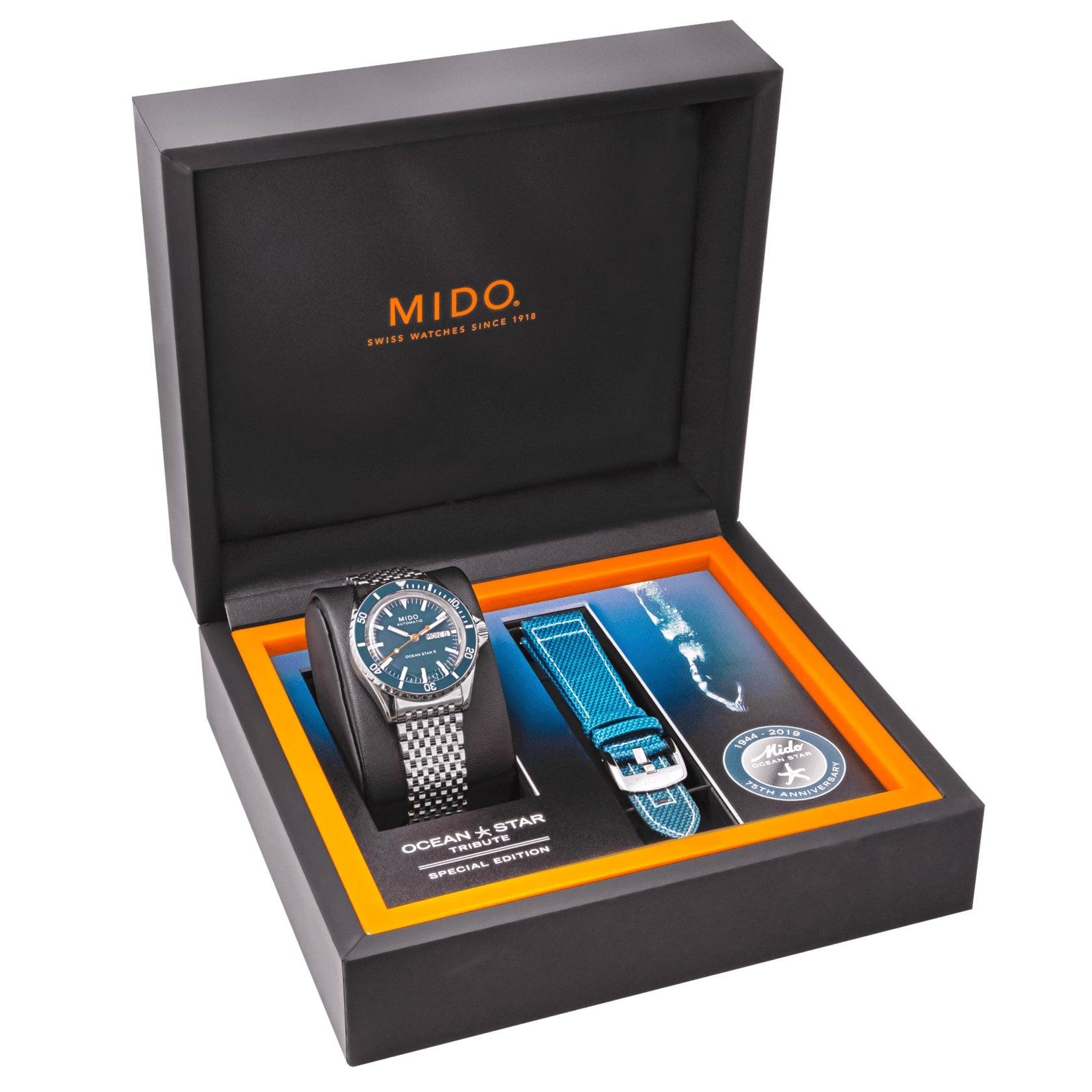 Set orologio Mido Ocean Star Tribute in astuccio con cinturino blu e accessori