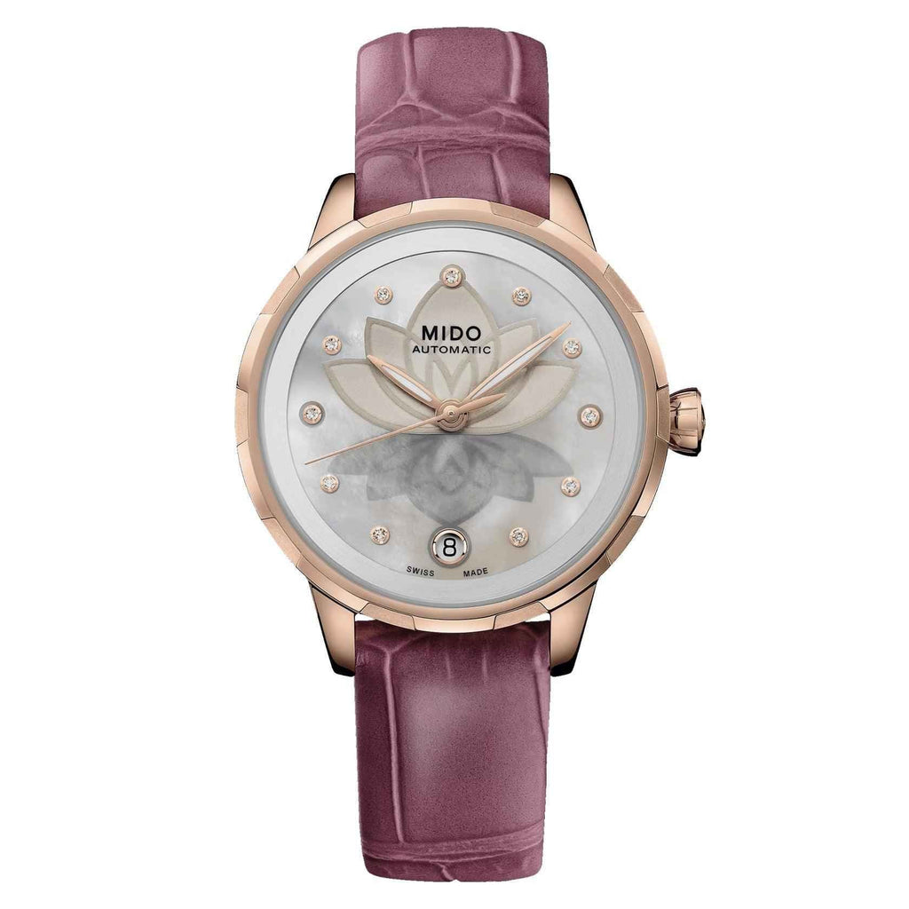 Orologio automatico con cinturino bordeaux, cassa PVD oro rosa e quadrante madreperla