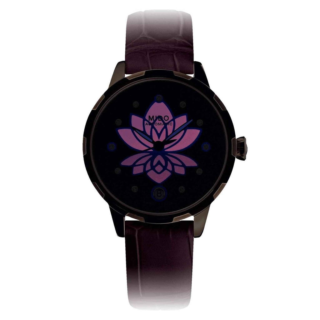 Orologio automatico con cinturino bordeaux e cassa PVD oro rosa, quadrante nero con fiore