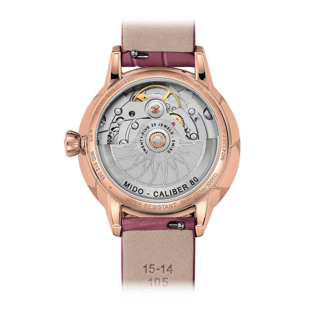 Orologio automatico, cassa PVD oro rosa, fondo a vista e cinturino bordeaux