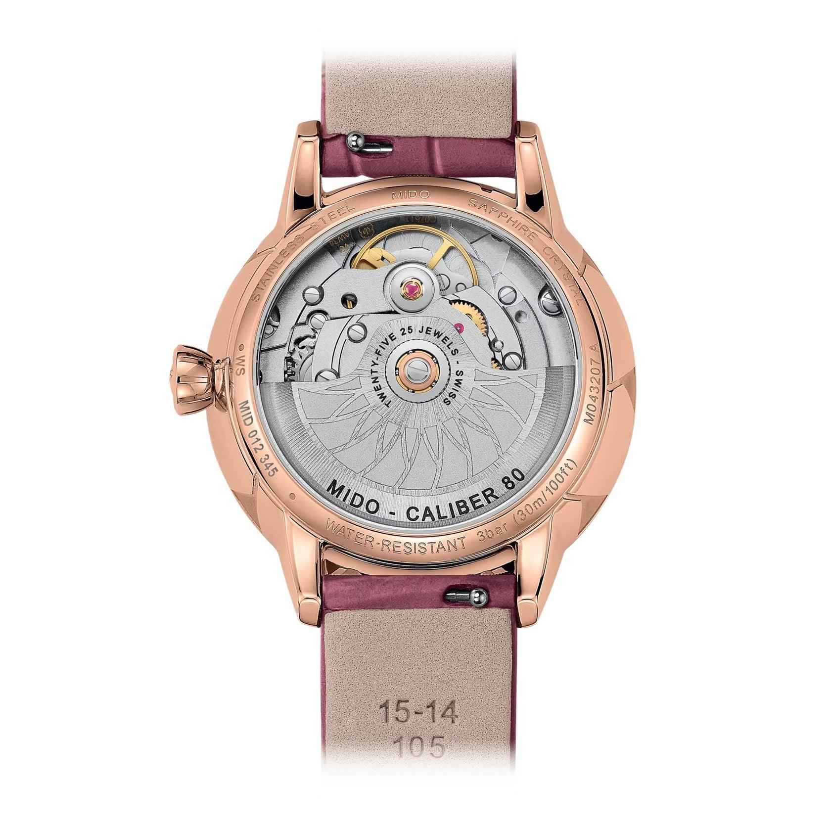 Orologio automatico, cassa PVD oro rosa, fondo a vista e cinturino bordeaux