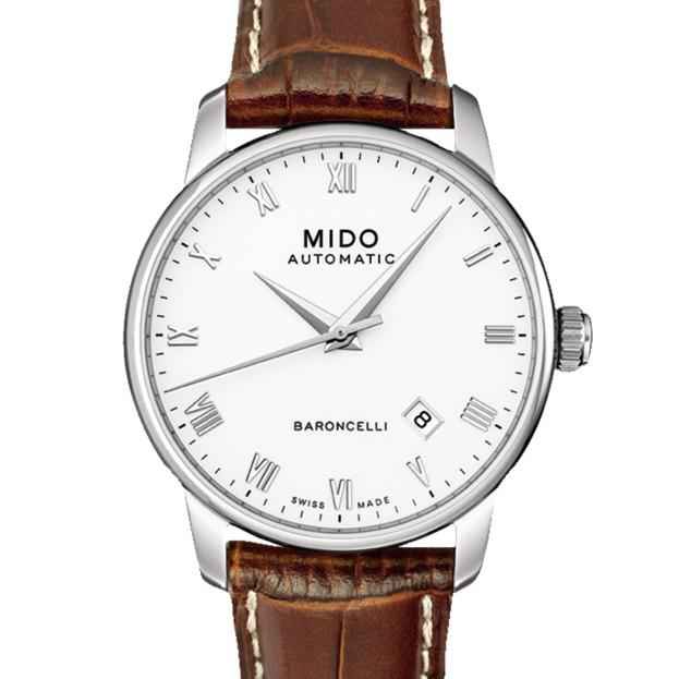 Orologio automatico MIDO Baroncelli 38 mm con quadrante bianco e cinturino marrone