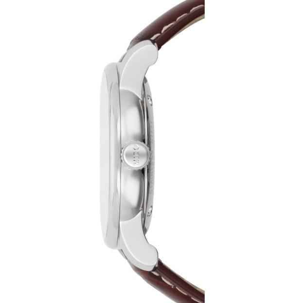 Orologio MIDO in acciaio con cassa sottile e cinturino marrone, vista laterale
