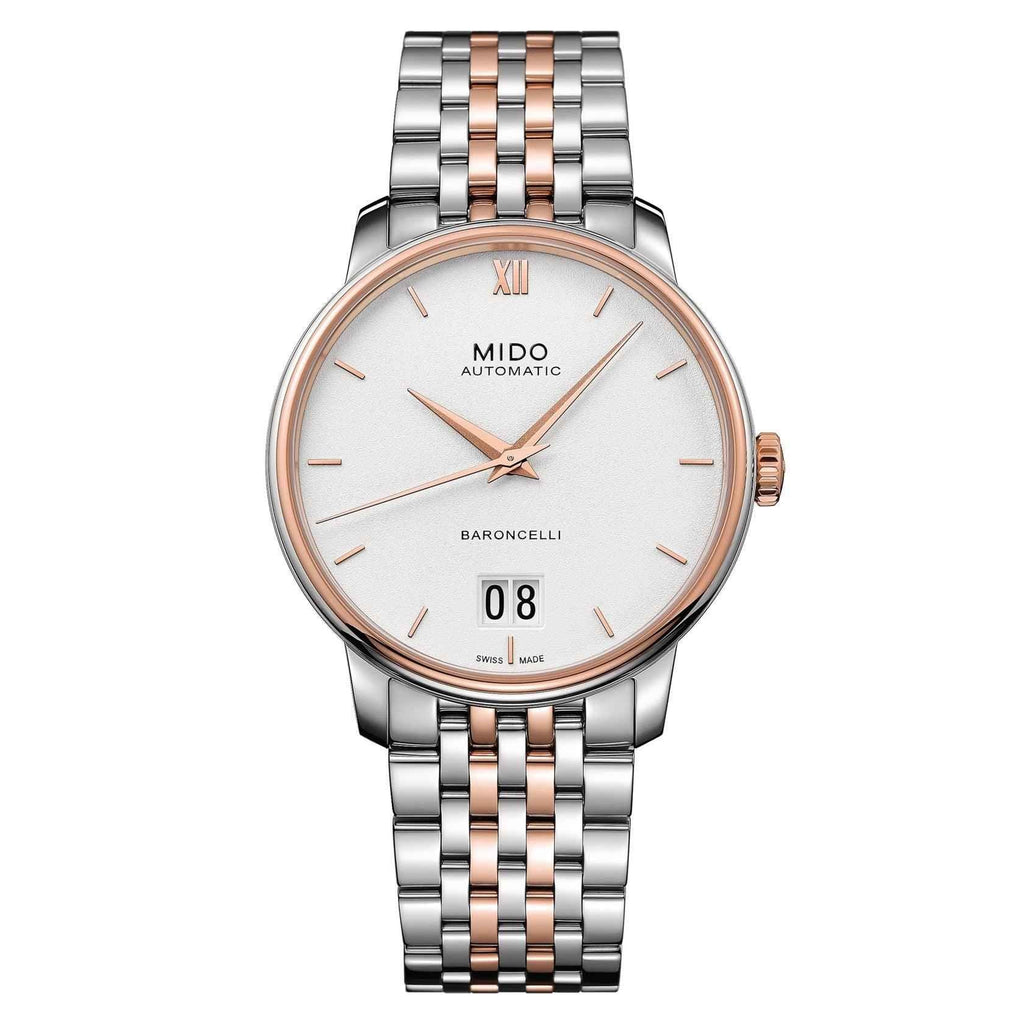 Orologio automatico con cassa e bracciale in acciaio, quadrante chiaro, data 08