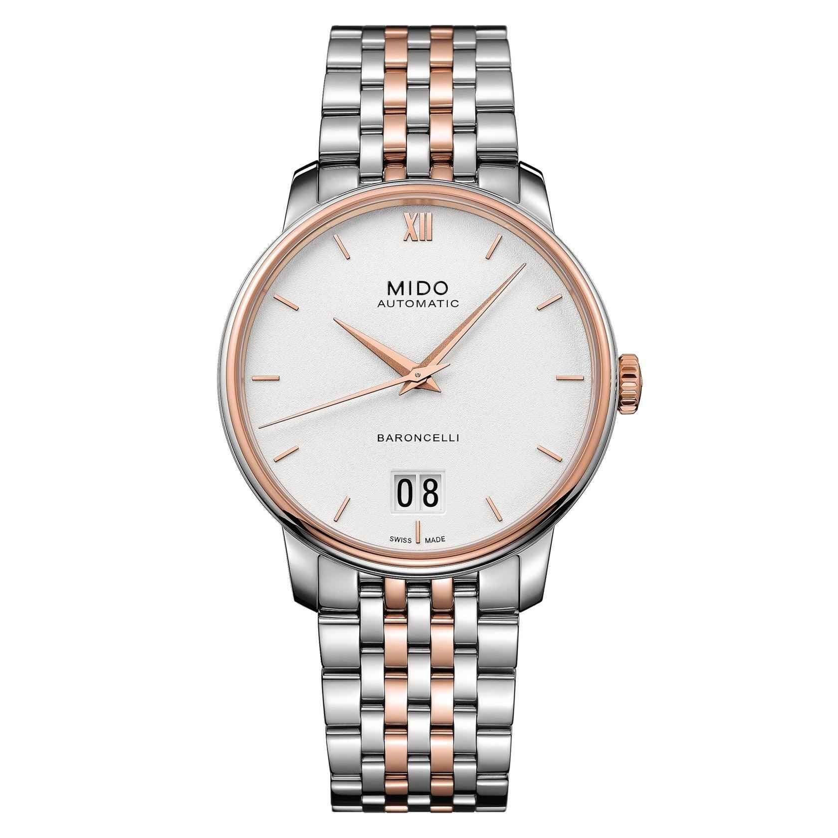 Orologio automatico con cassa e bracciale in acciaio, quadrante chiaro, data 08