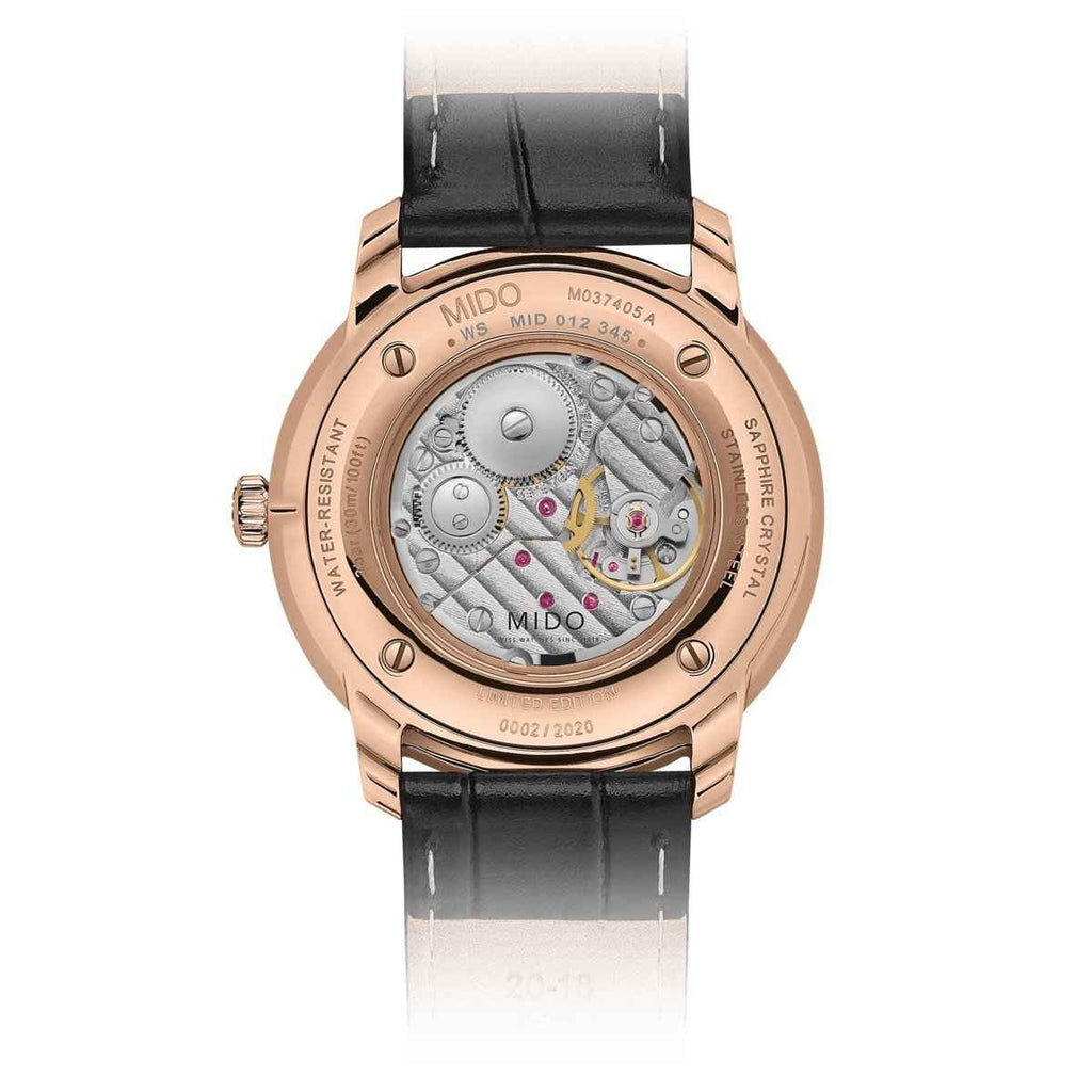Orologio Mido Baroncelli con cassa PVD oro rosa e fondello meccanismo a vista