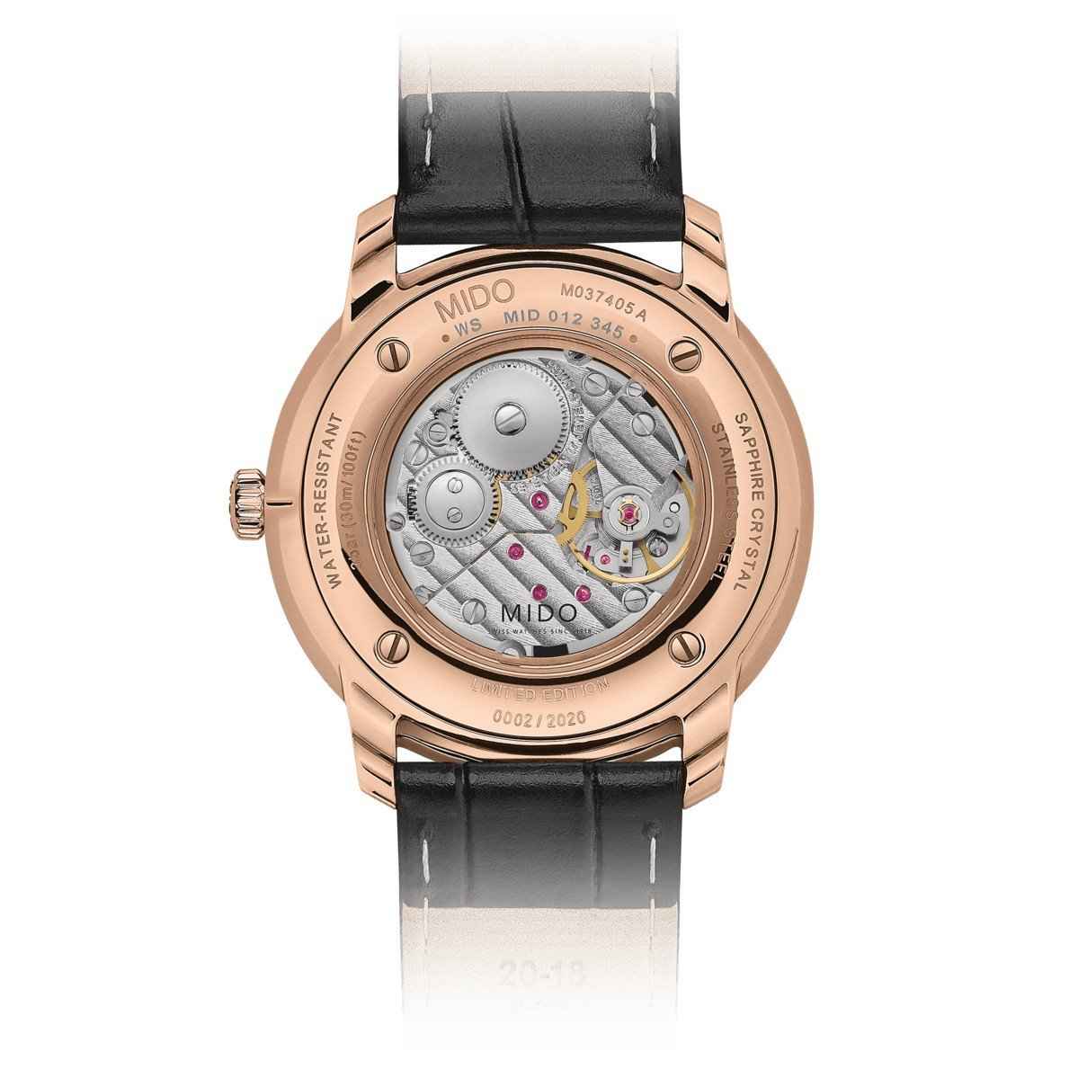Orologio Mido Baroncelli con cassa PVD oro rosa e fondello meccanismo a vista