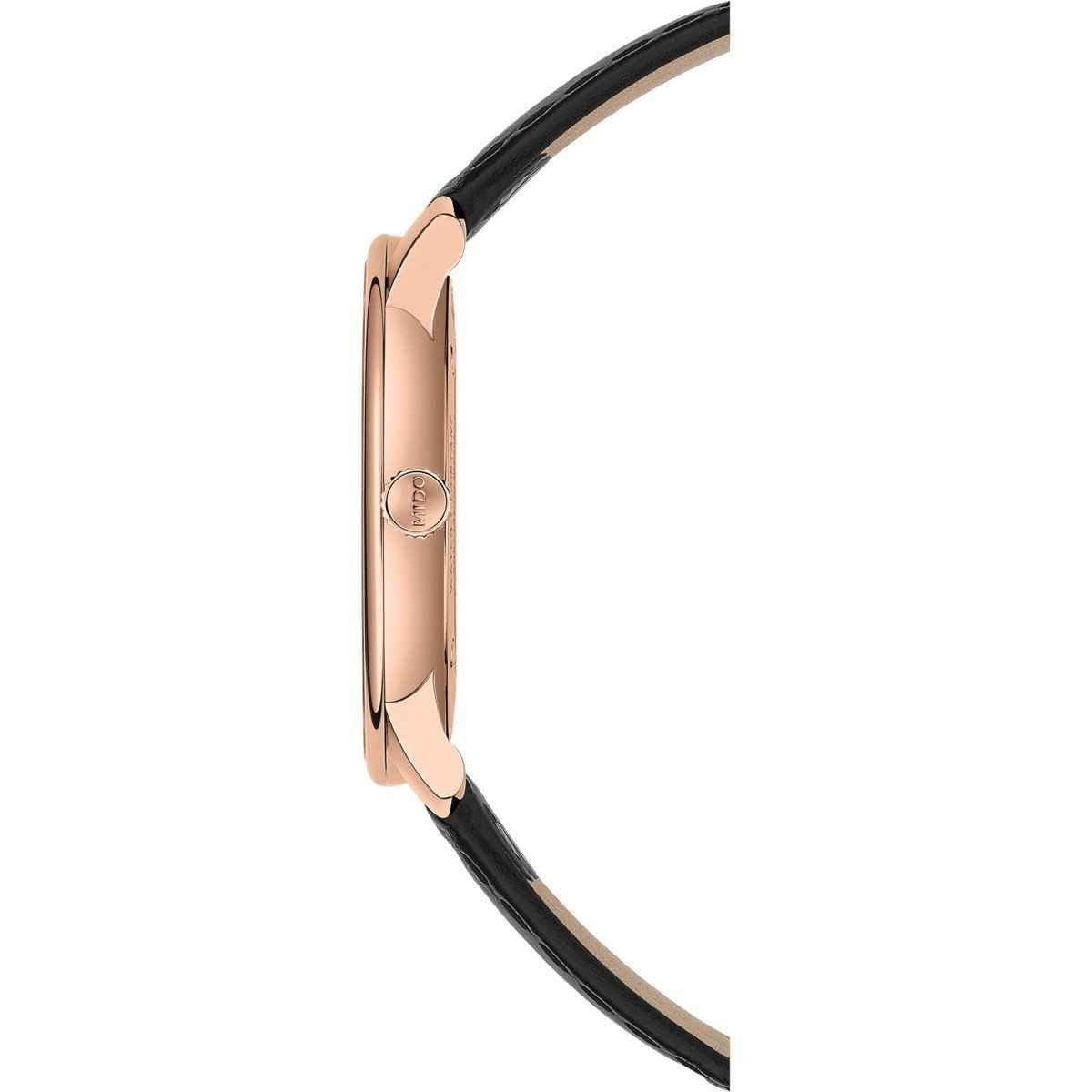 Orologio Mido Baroncelli con cassa oro rosa e cinturino in pelle nera