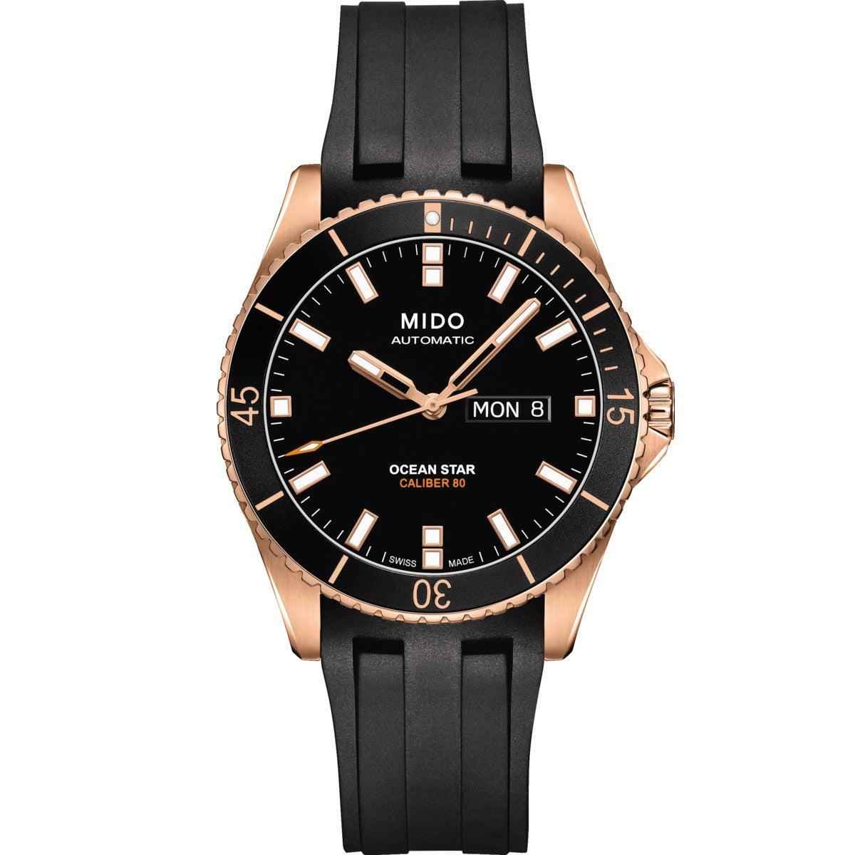 Orologio subacqueo con quadrante nero, ghiera oro rosa, cinturino caucciù nero