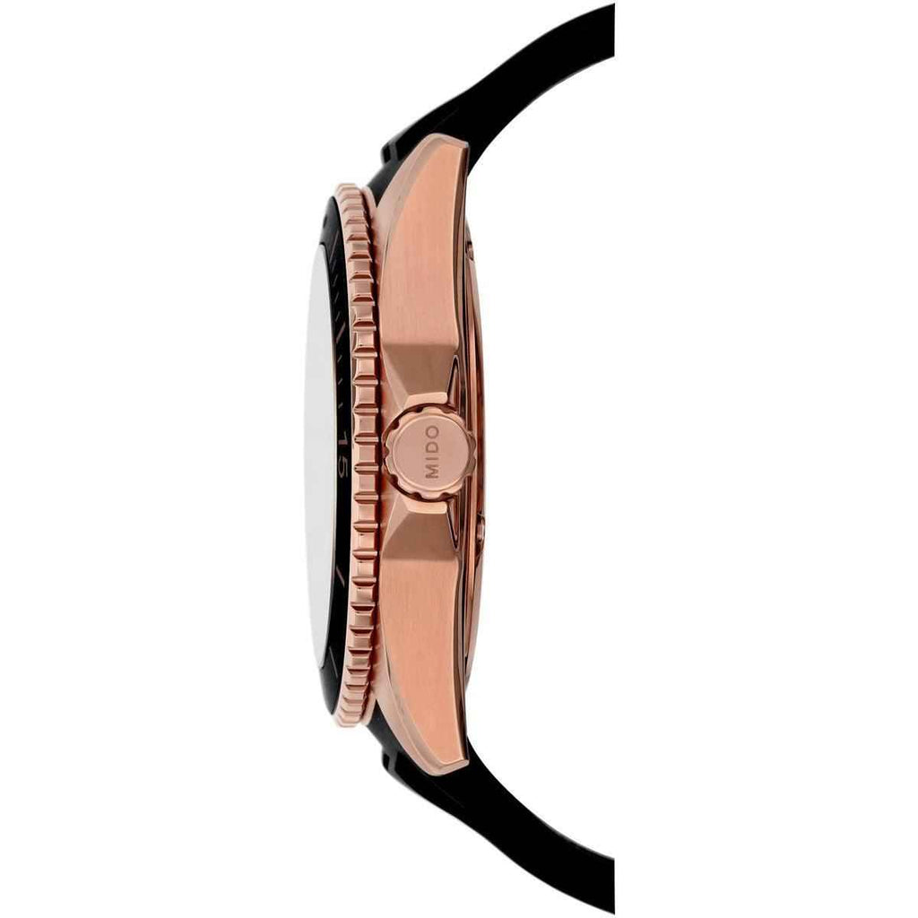 Orologio subacqueo oro rosa con cinturino in caucciù nero, vista laterale
