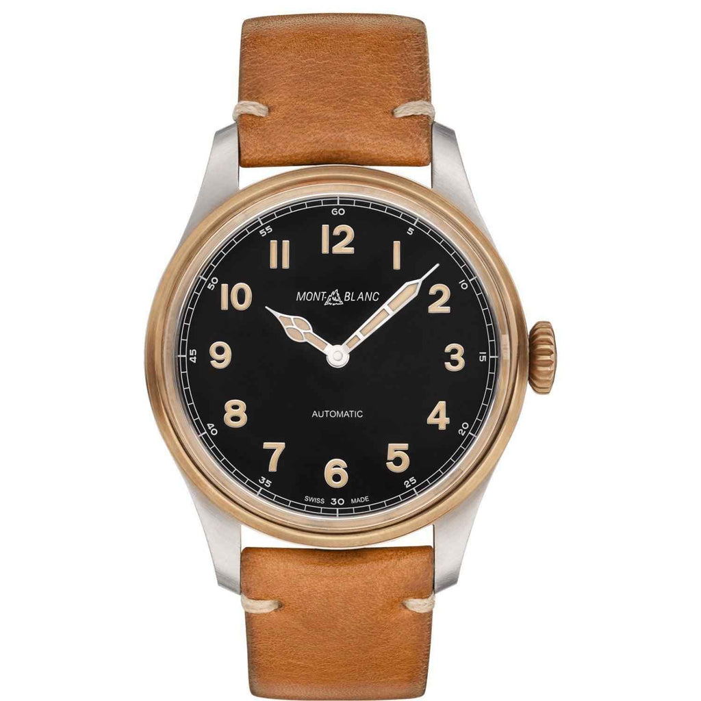 Orologio automatico Montblanc 1858 da 44 mm con cinturino in pelle marrone e cassa acciaio/bronzo