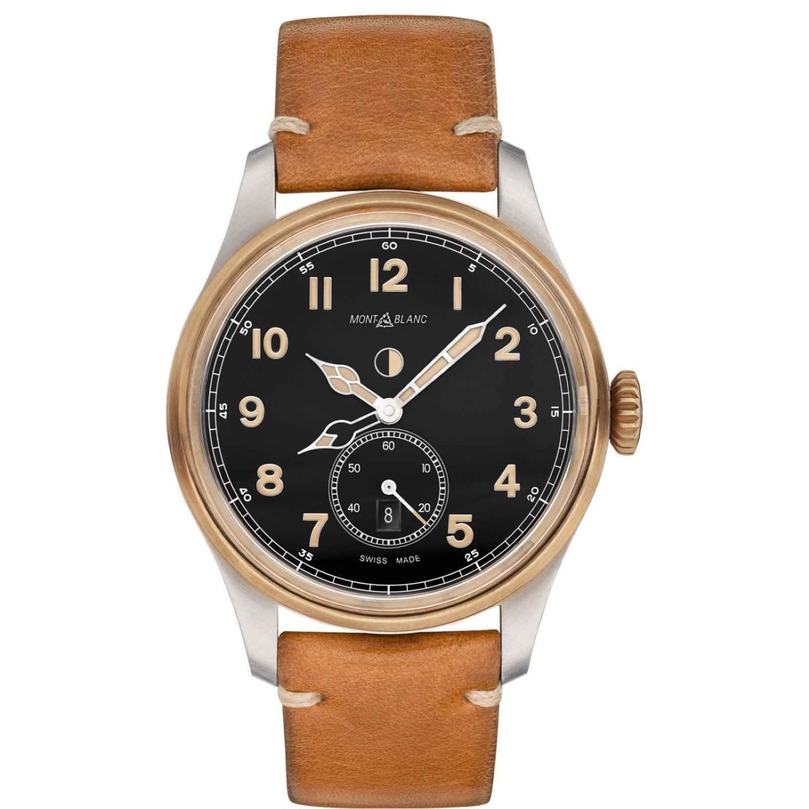 Orologio Montblanc 1858: quadrante nero, cassa acciaio/bronzo, cinturino pelle marrone