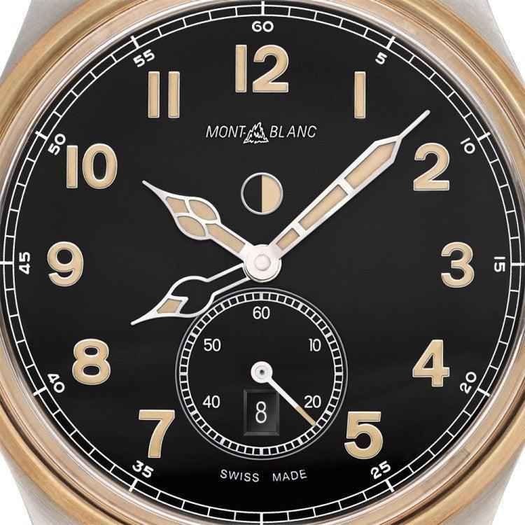 Orologio Montblanc 1858, quadrante nero con indici dorati e datario secondi