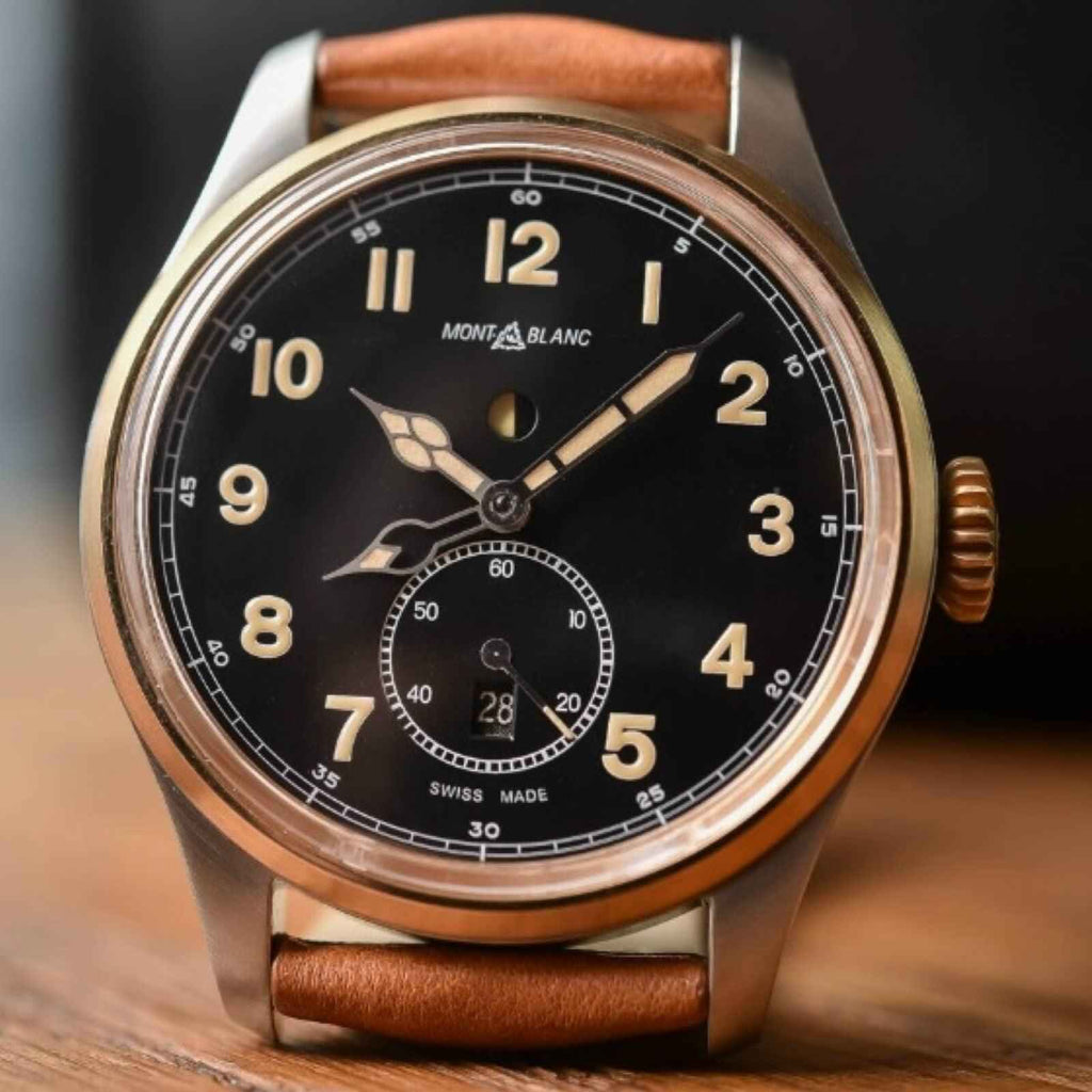 Orologio Montblanc 1858: quadrante nero, cassa acciaio e bronzo, cinturino pelle marrone