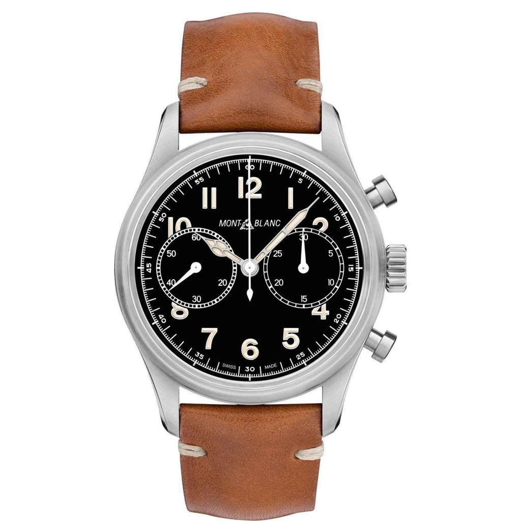 Orologio cronografo Montblanc 1858 automatico da 42 mm, quadrante nero e cinturino marrone