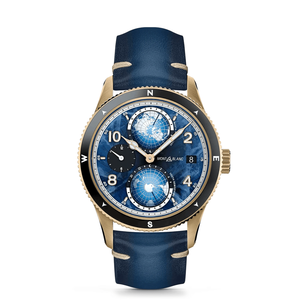 Orologio da polso con quadrante blu e ghiera bronzo, cinturino in pelle blu