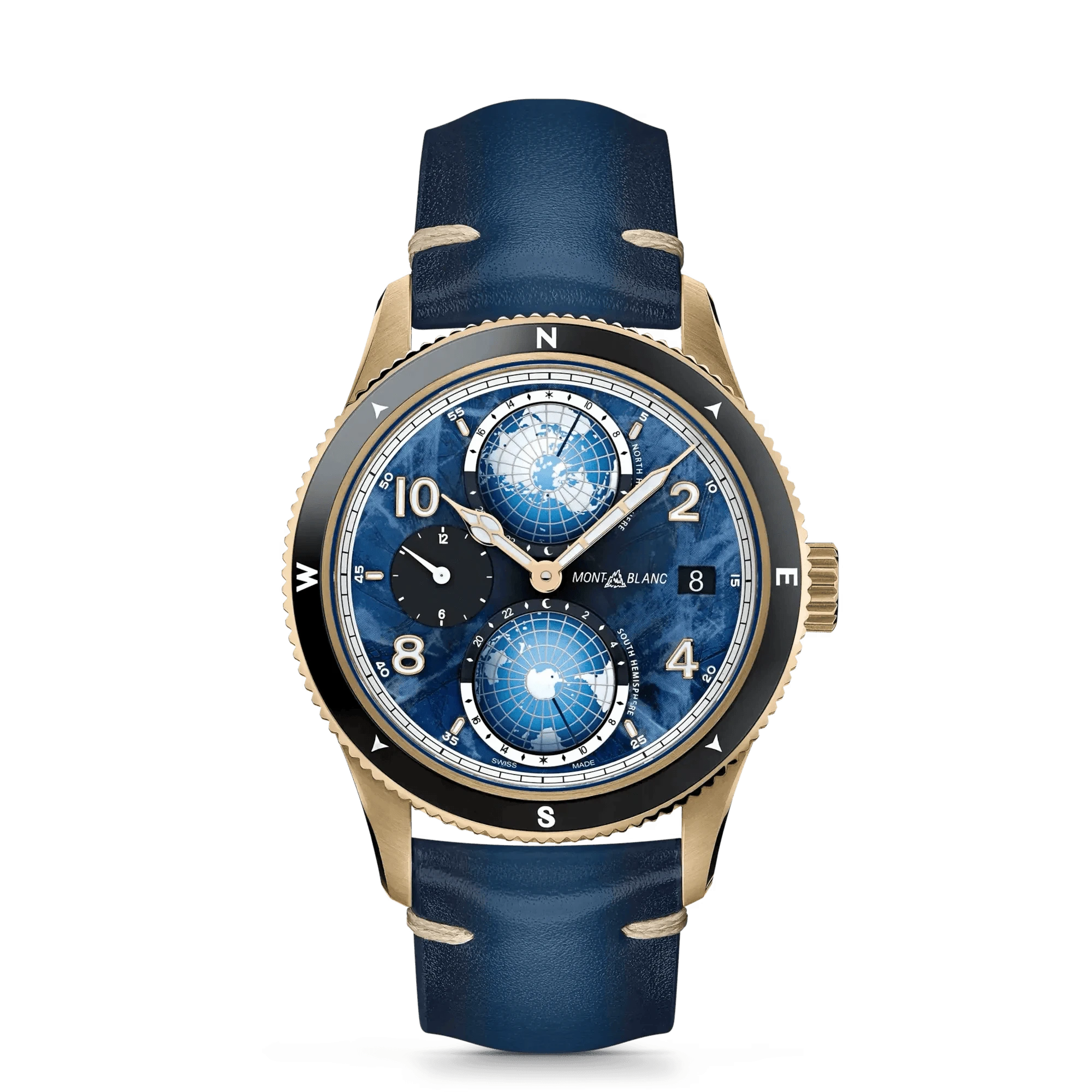 Orologio da polso con quadrante blu e ghiera bronzo, cinturino in pelle blu