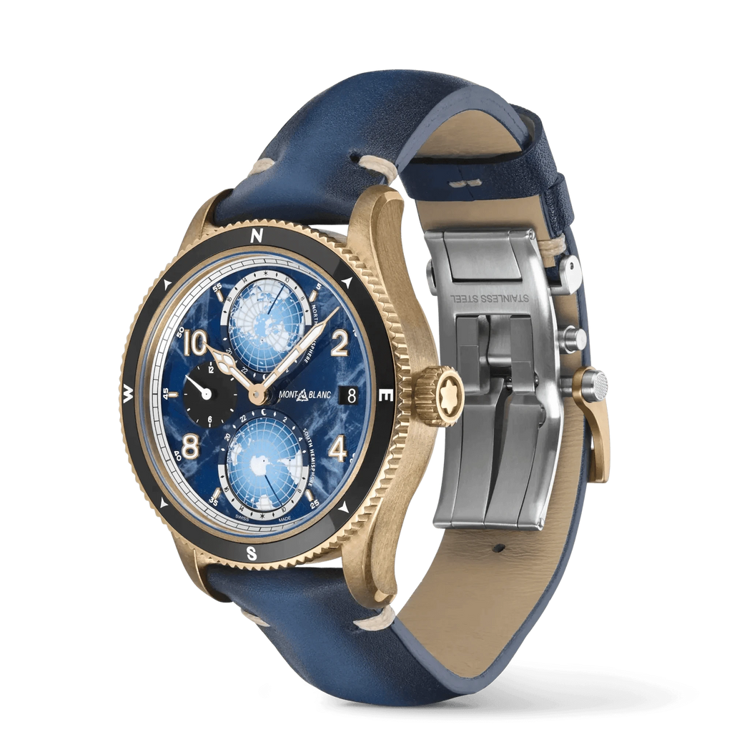Orologio da polso uomo con quadrante blu e cassa bronzo, cinturino in pelle blu