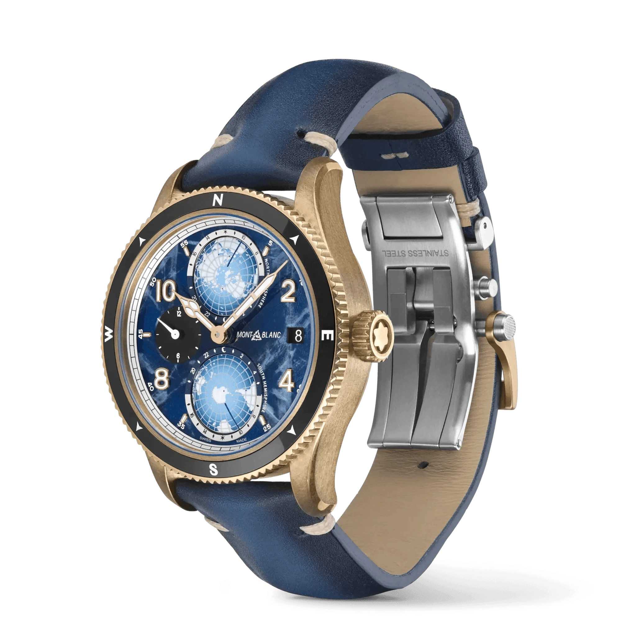 Orologio da polso uomo con quadrante blu e cassa bronzo, cinturino in pelle blu
