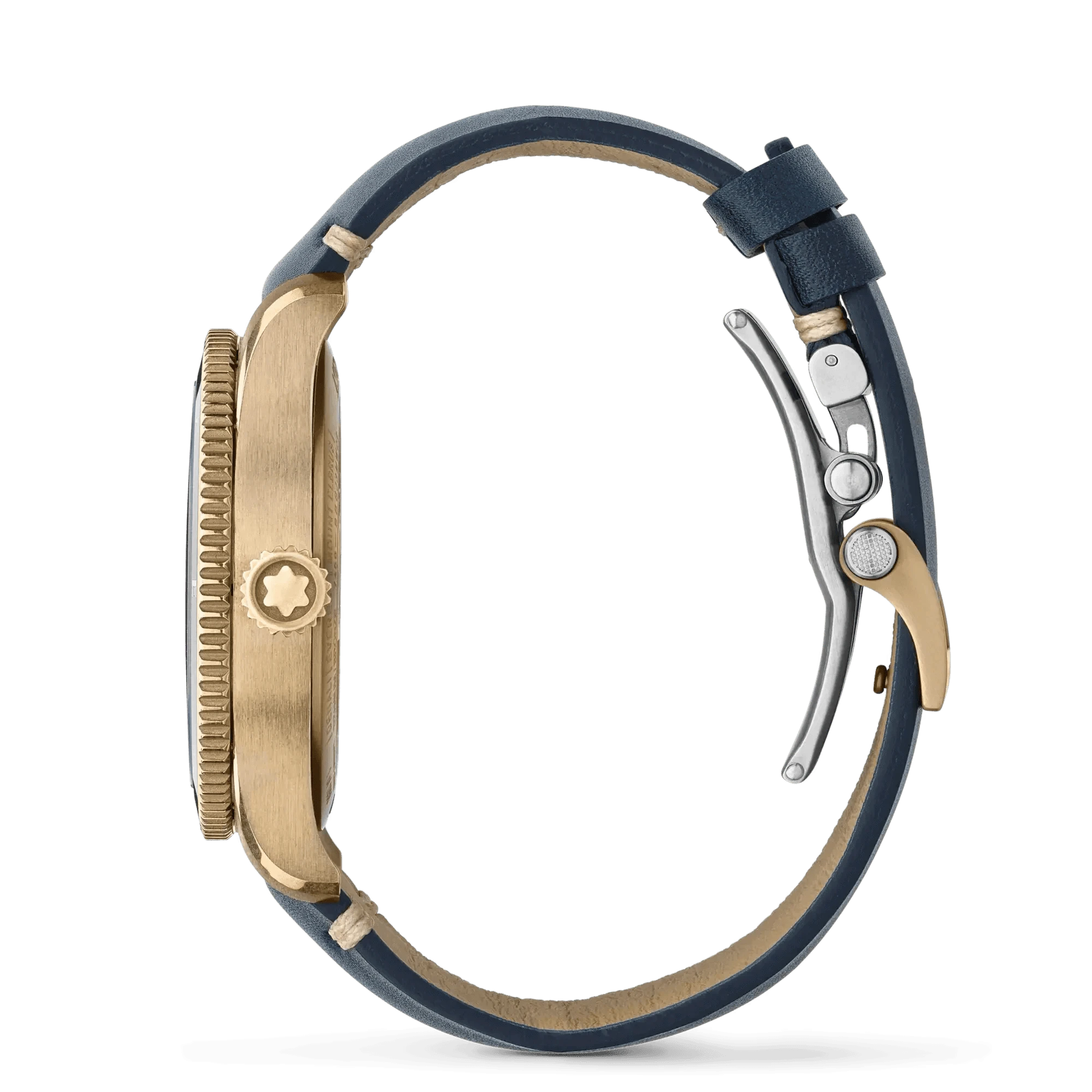 Orologio da polso con cassa bronzo e cinturino in pelle blu, vista laterale