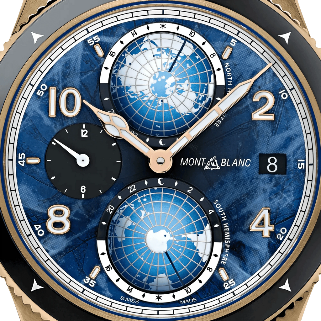 Orologio Montblanc con quadrante blu, lancette oro rosa e tre quadranti secondari