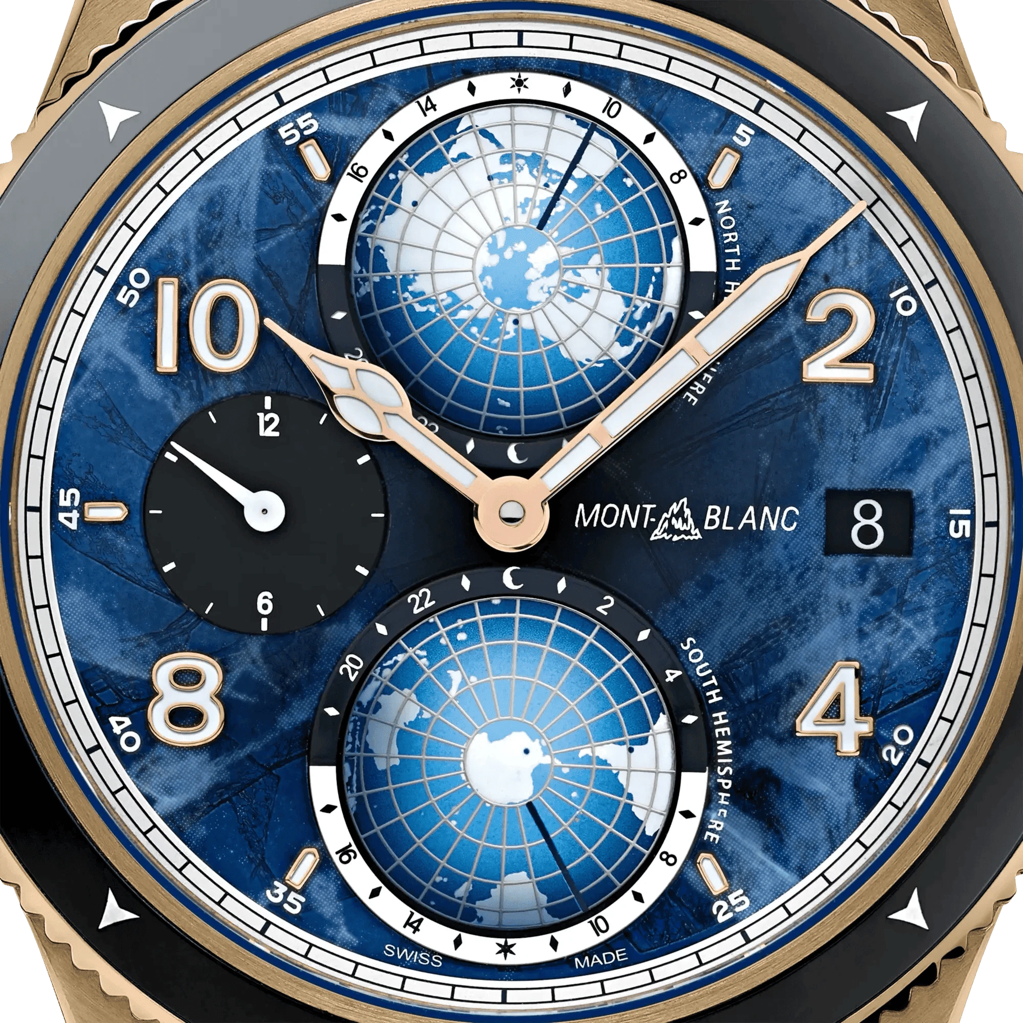 Orologio Montblanc con quadrante blu, lancette oro rosa e tre quadranti secondari
