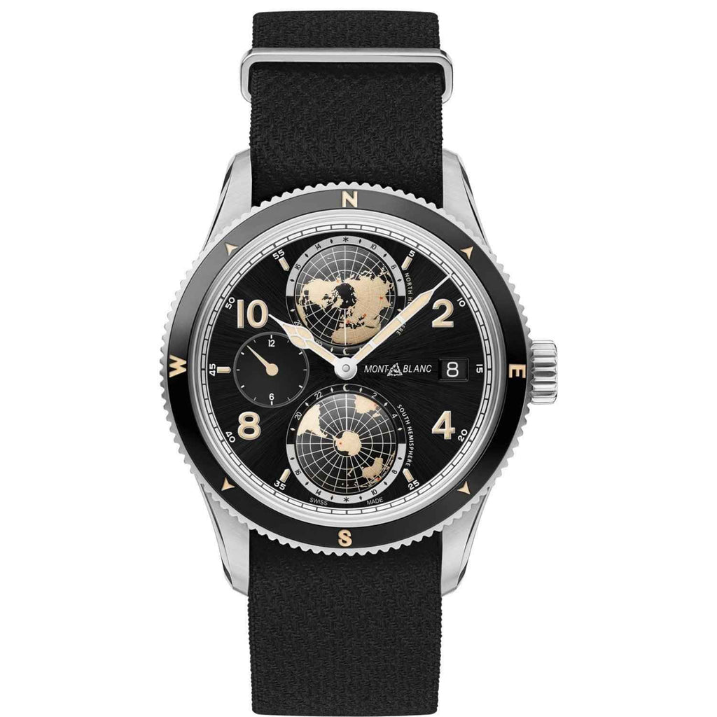 Orologio Montblanc 1858 Geosphere automatico, cassa acciaio e cinturino nero